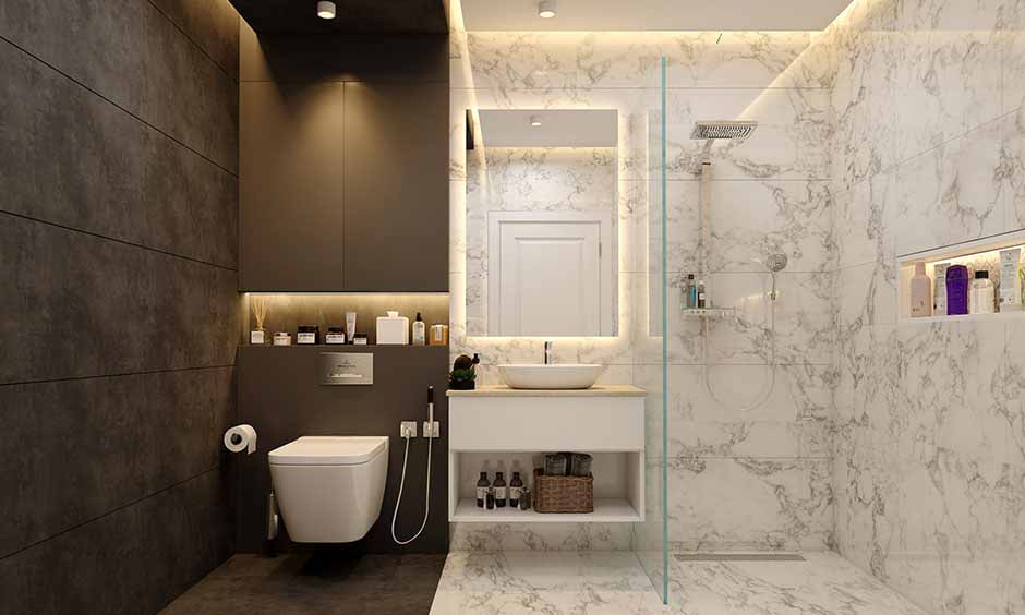 Bathroom with white & brown tiles
